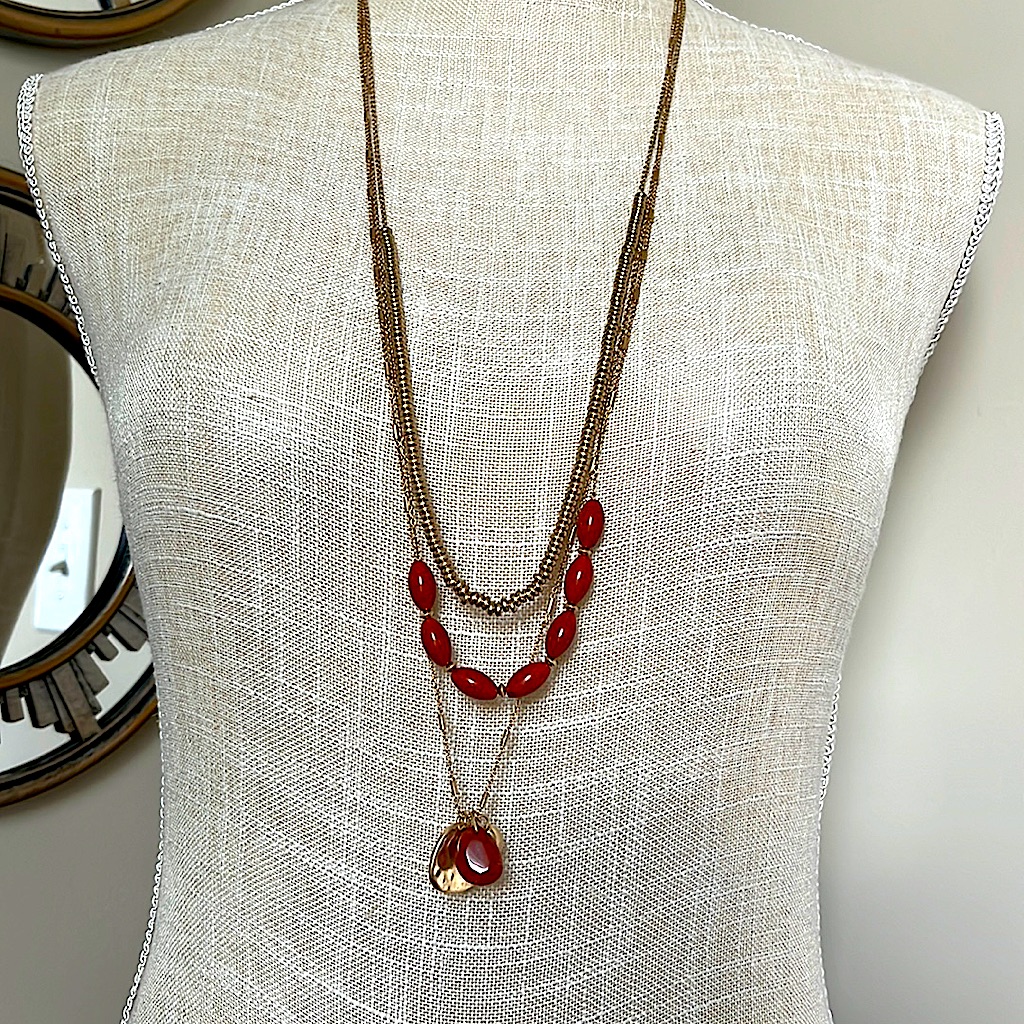3/$25 A.N.A Gold Tone Triple Strand Beaded Necklace